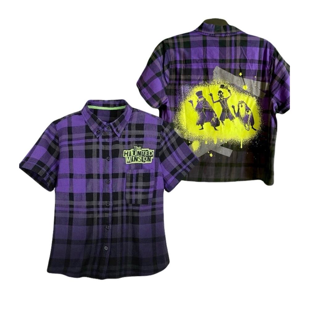 Disney L Haunted Mansion Ghosts Purple Plaid Flannel Short Sleeve Button Shirt